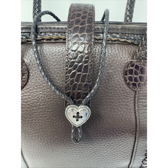 Brighton Brown Pebbled Leather Shoulder Bag w/2 Braided Handles Heart Closure - Picture 3 of 13